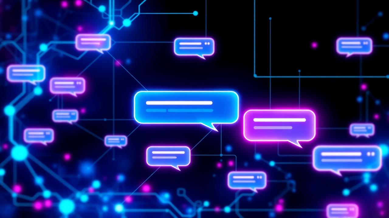 ChatGPT-5 conversational AI interface with neural network connections in cyan and violet neon