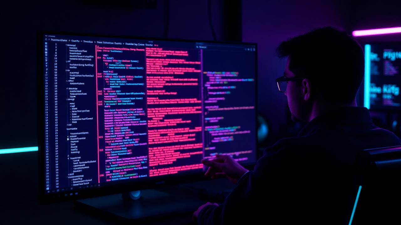 Software engineer using AI coding assistant on a dark monitor with magenta code and cyan accents