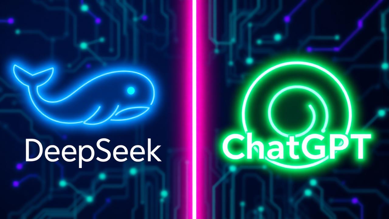 DeepSeek vs ChatGPT comparison illustration with neon blue whale and green spiral logos on a dark circuit background