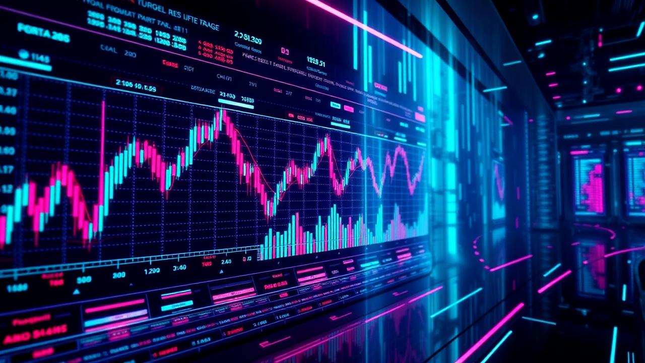 Neon trading dashboard with forex tickers, candlestick charts and stock market data in cyan and magenta