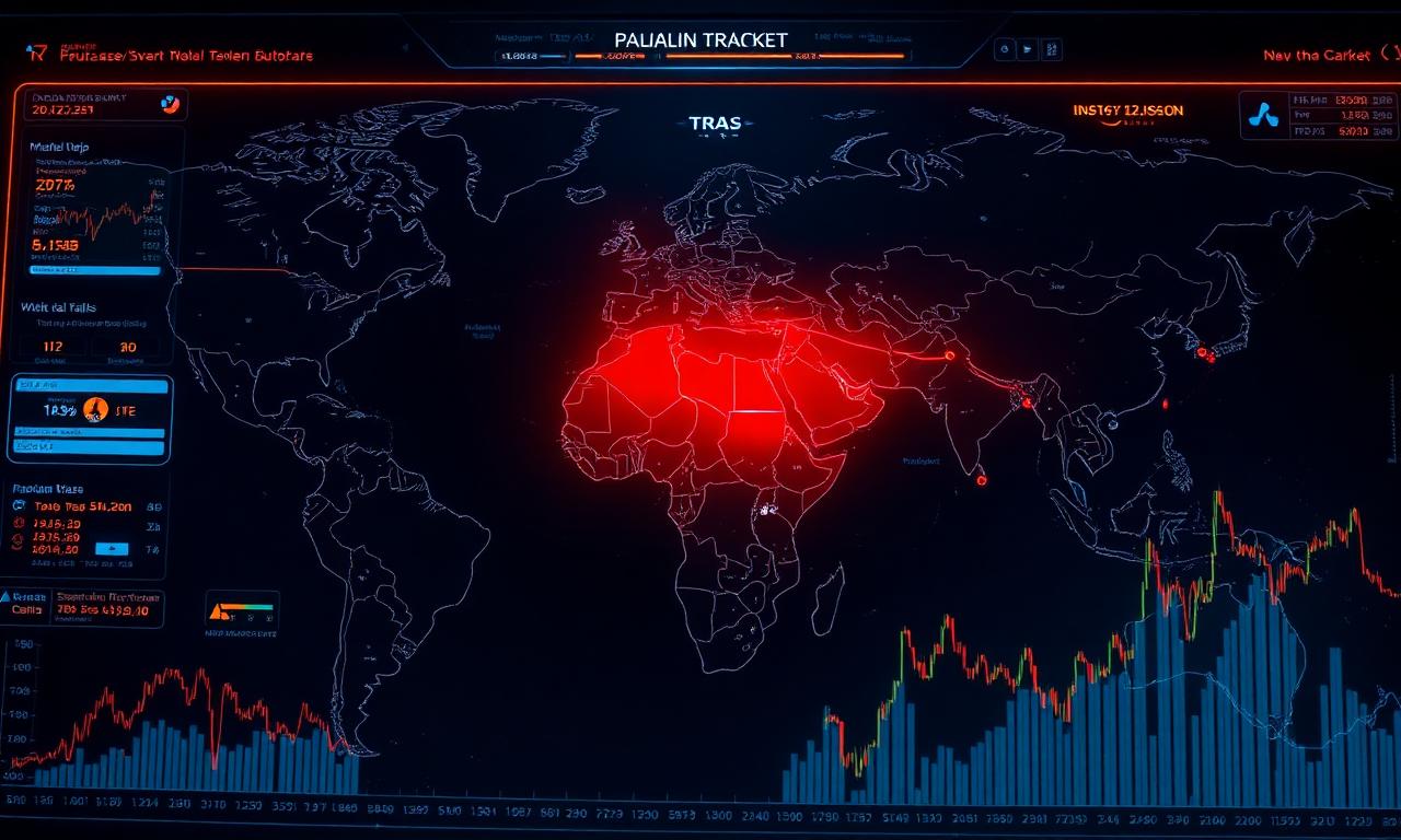 World map dashboard with Middle East highlighted in red and global market charts overlaid