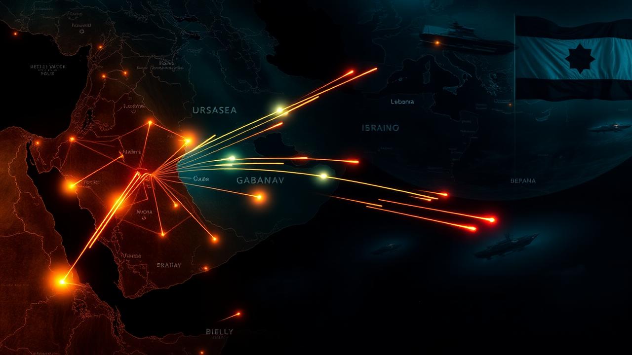 Dark editorial map of the Middle East with glowing missile trails over Iran, Israel, Gaza, Lebanon and the Red Sea