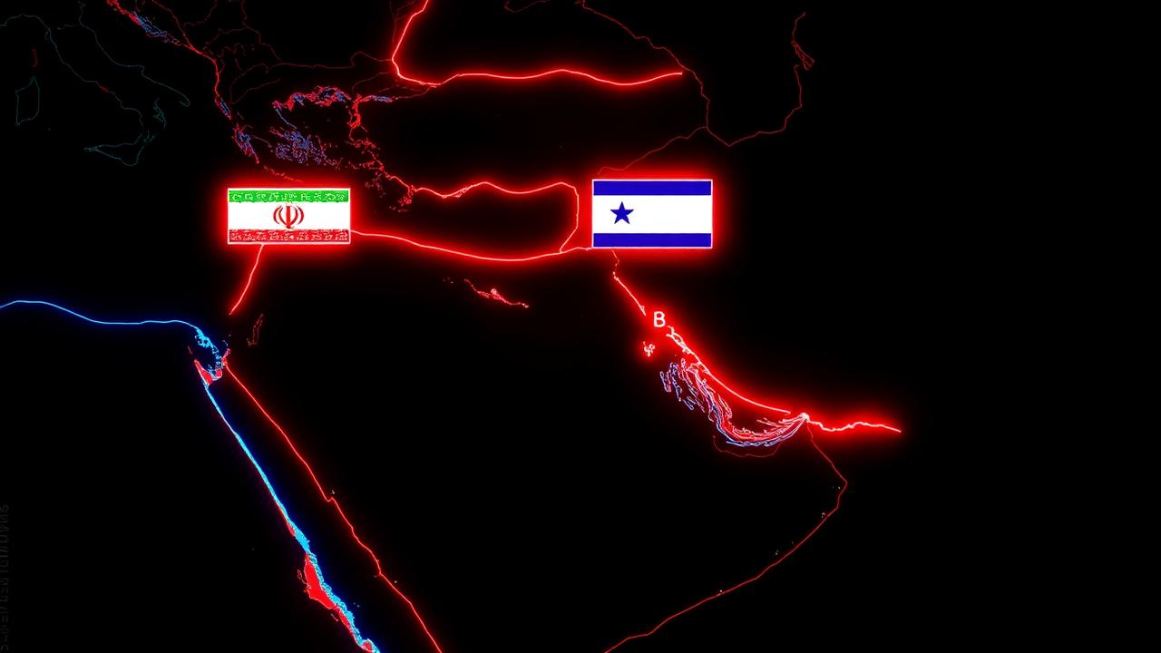 Stylized neon map of the Middle East showing Iran, Israel and surrounding region in red and cyan glow
