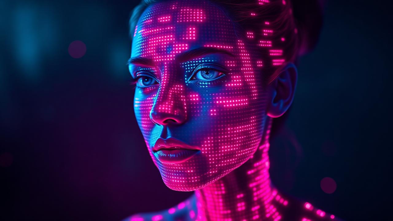Conceptual visualization of ChatGPT-5 multimodal AI processing data streams in cyan and magenta neon