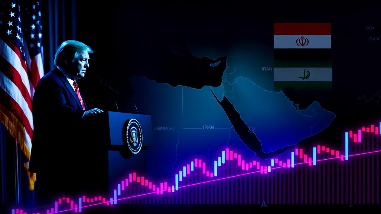 Silhouette of US president at podium with Middle East map and neon market candles in cyan and violet